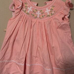 Girls' Pink Smocked Cross Embroidered Formal Dress